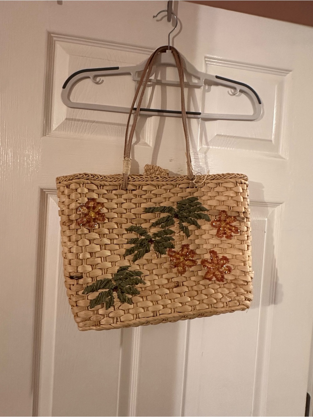 Handwoven Straw Tote Bag with Green Leaf & Amber Flower Embroidery